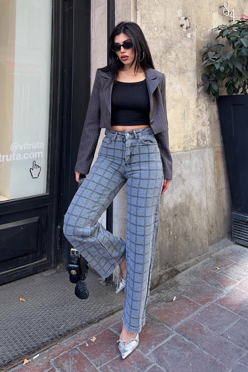 High-Waist Wide Leg Jeans mit Karomuster – Vintage Street Style Denim