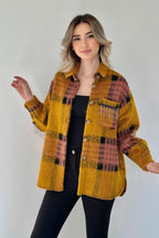 Oversize Karierte Bouclé-Jacke mit Fransen-Details – Mustard/Pink