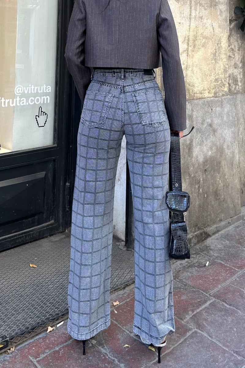High-Waist Wide Leg Jeans mit Karomuster – Vintage Street Style Denim
