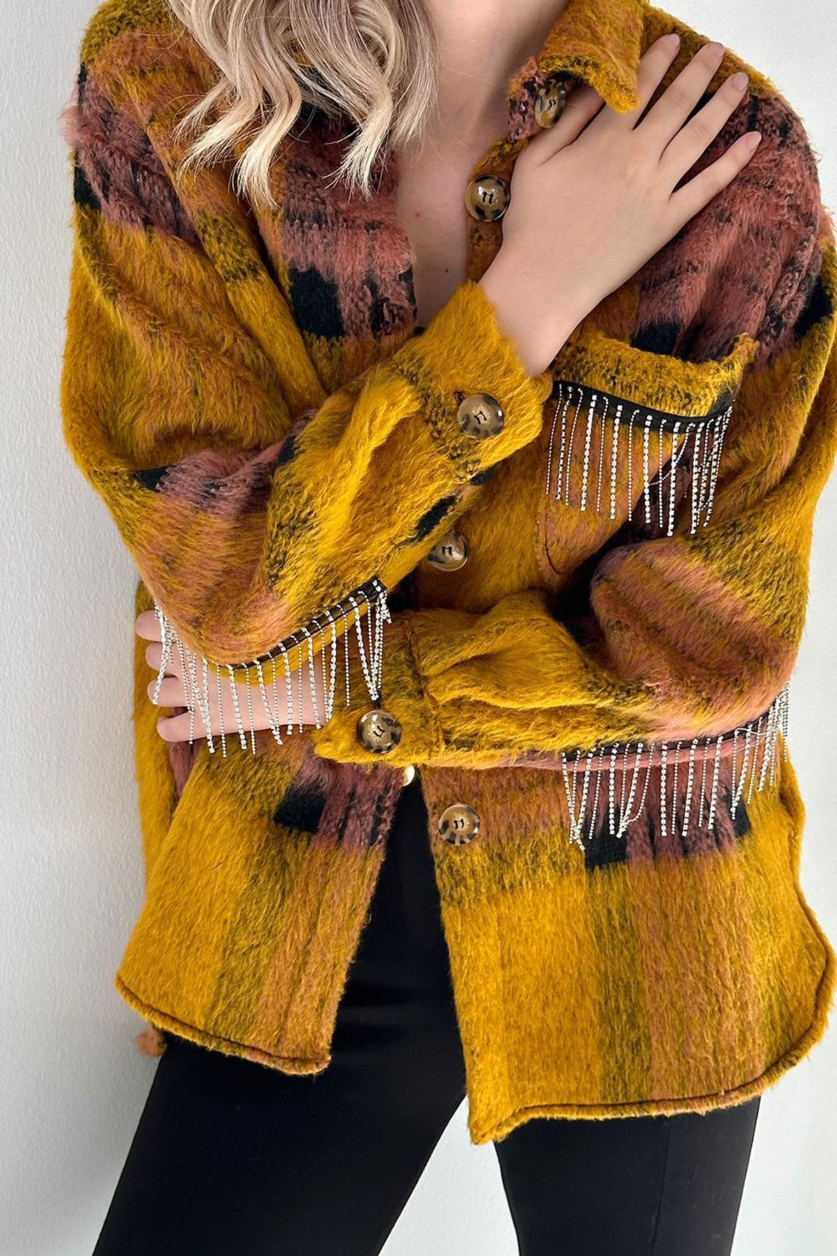 Oversize Karierte Bouclé-Jacke mit Fransen-Details – Mustard/Pink