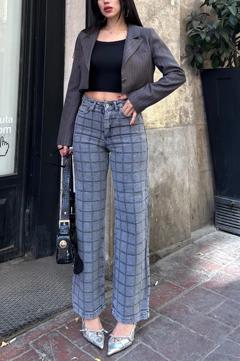 High-Waist Wide Leg Jeans mit Karomuster – Vintage Street Style Denim