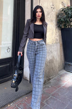 High-Waist Wide Leg Jeans mit Karomuster – Vintage Street Style Denim